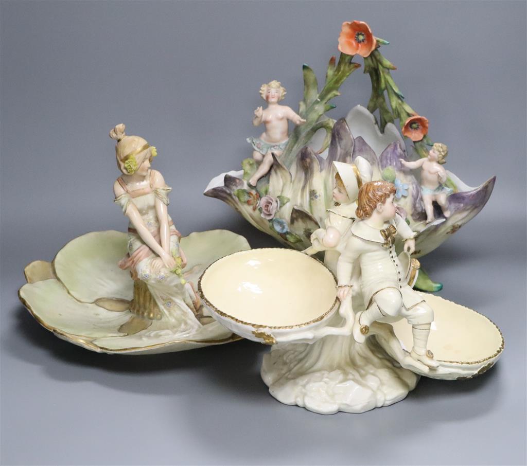 A Victorian Royal Worcester figural centrepiece, 20cm high, restored, an Austrian serving dish with central seated maiden, and a Contin